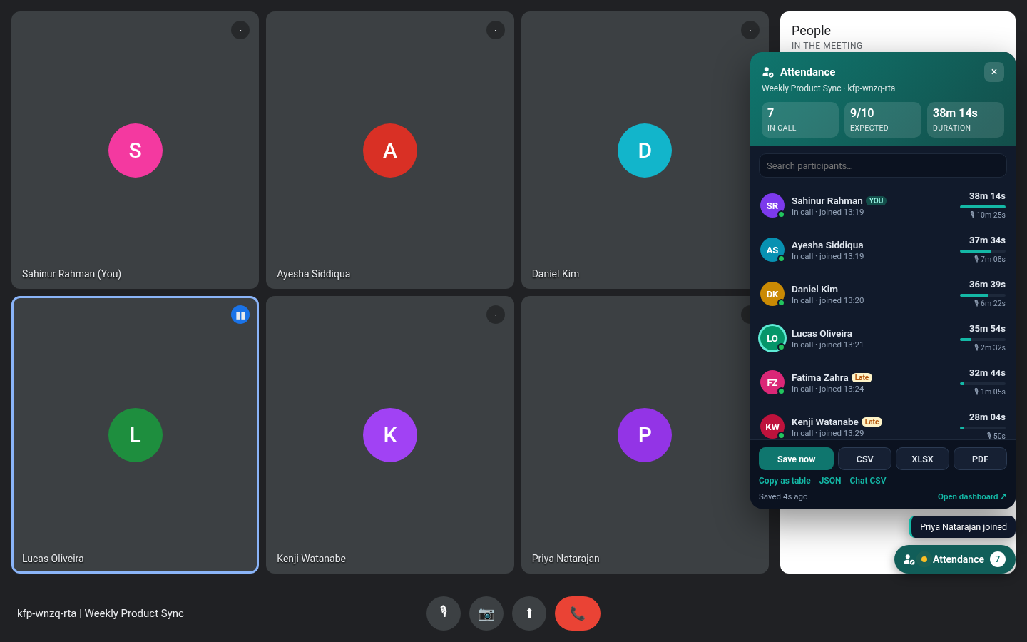 In-Meet panel in dark mode with a join notification