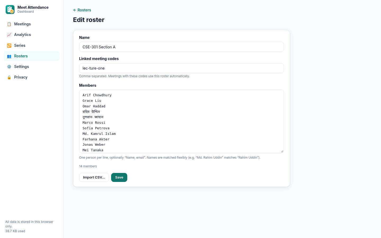 Roster editor with pasted names and CSV import