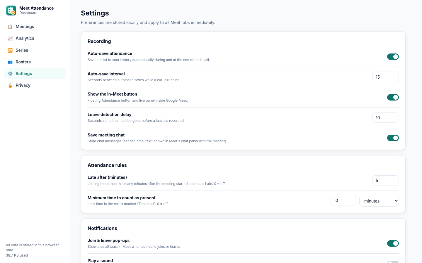 Settings page